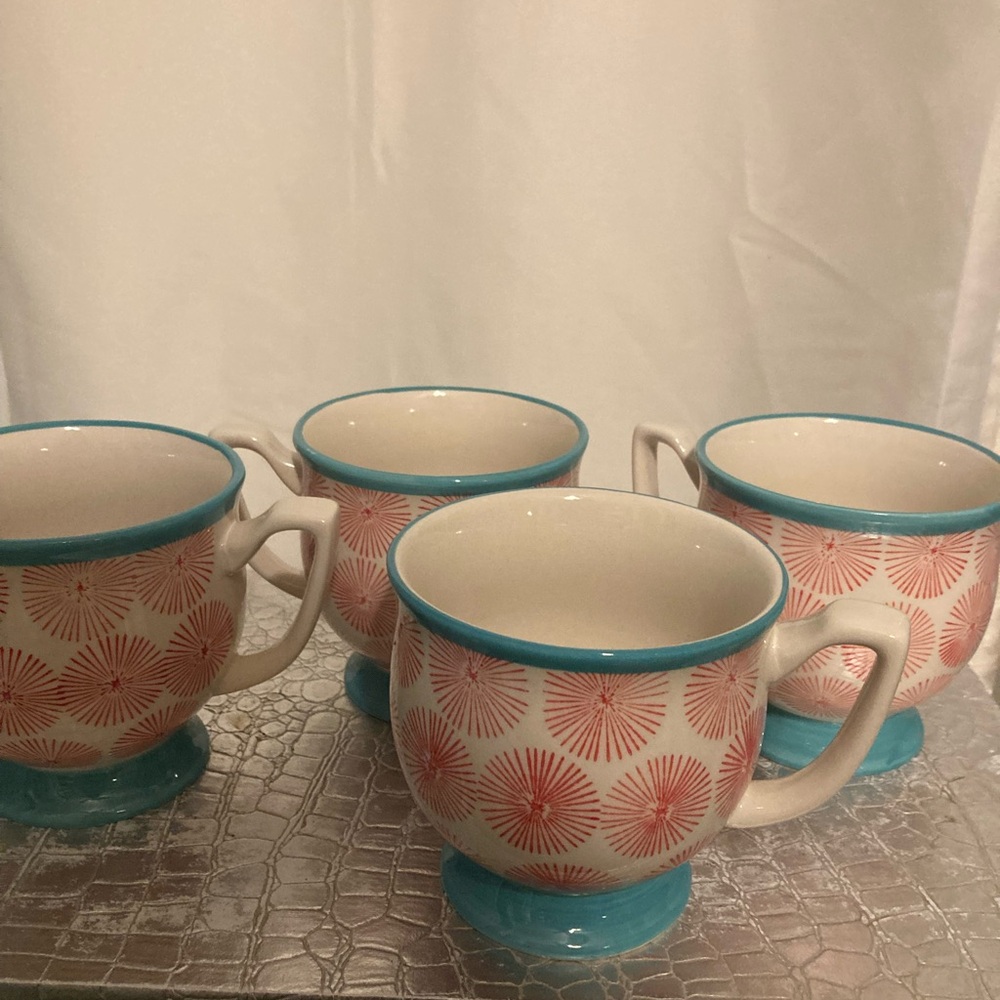 Set of 4 Teal and Pink Patterned Mugs Pioneer Women